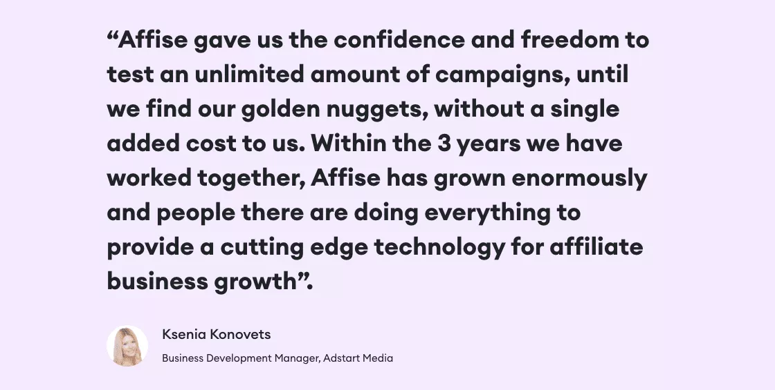 A customer testimonial praising Affise for providing ‘a cutting edge technology for affiliate business growth.’