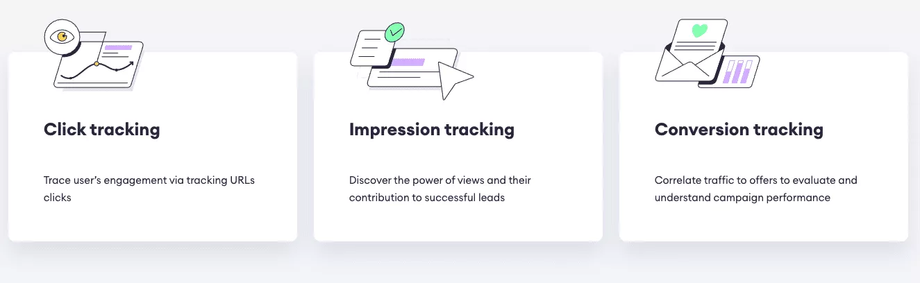 An infographic explaining Affise’s options for Click tracking, Impression tracking, and Conversion tracking.