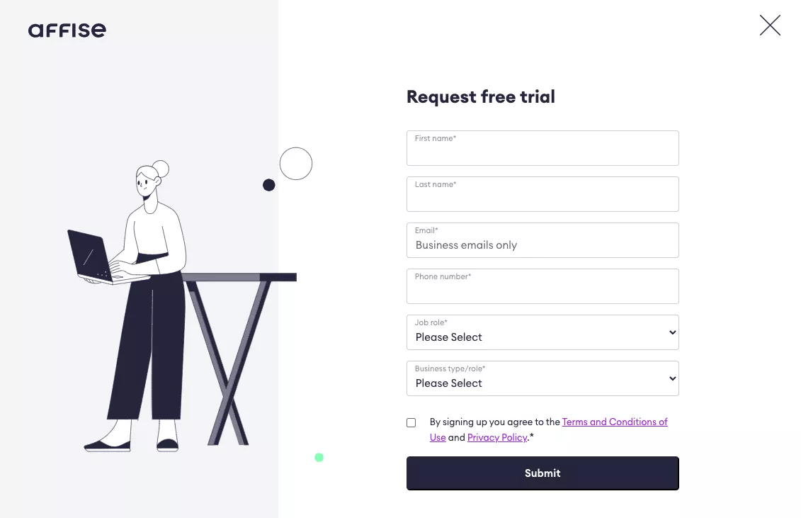 The registration page for Affise's referral program software